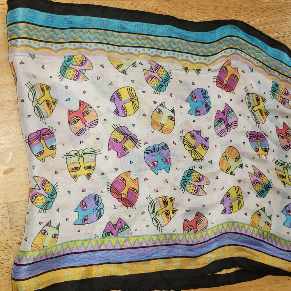 Vintage Laurel Burch Silk Scarf Wrap 10x50" Colorful Blue Purple Yellow Cats - Picture 6 of 8